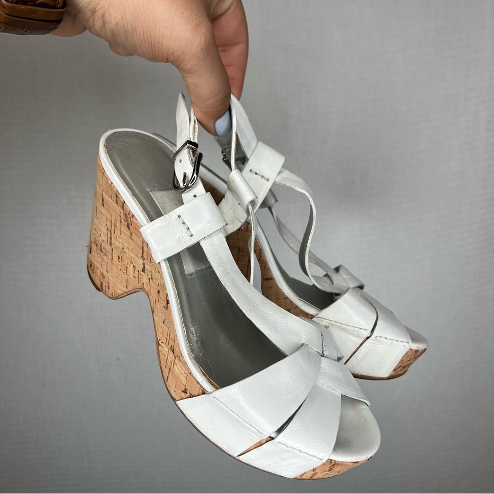 JILDOR | Size 6.5 Strappy White and Brown Cork Wedge‎ Heels